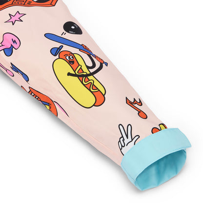 Children's cream patterned food rain poncho sky blue sleeves Hello Hossy