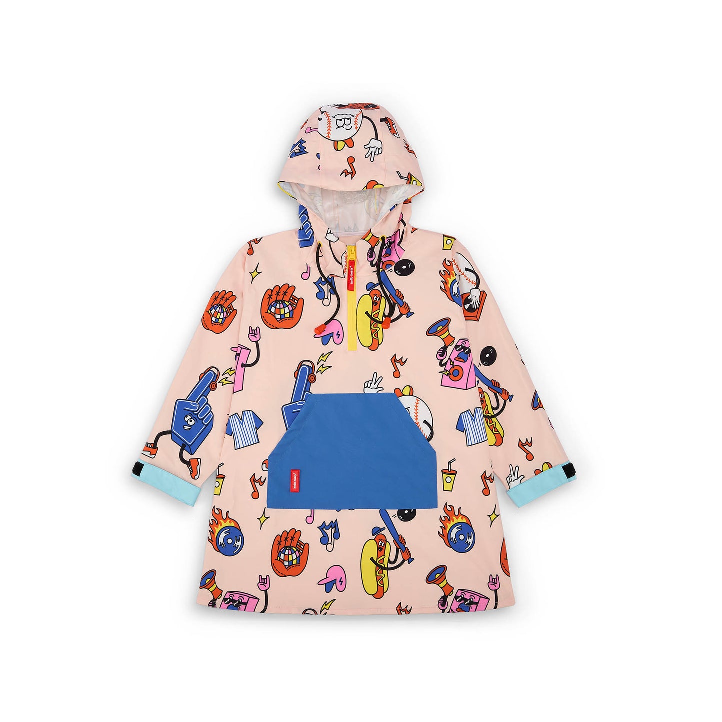 Children's pink patterned colourful rain poncho blue pocket Hello Hossy