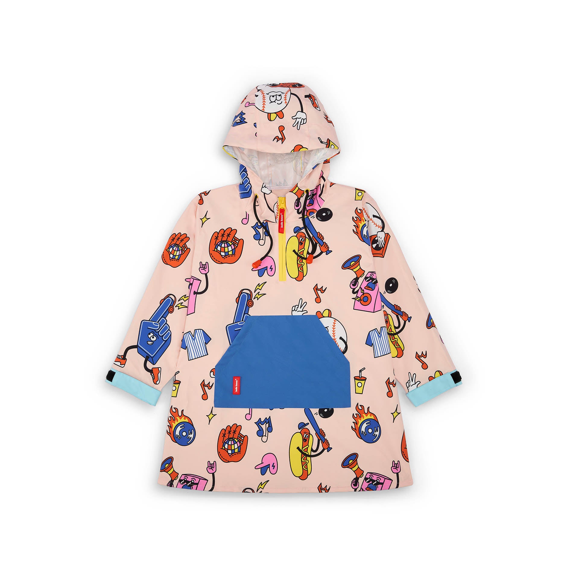 Children's pink patterned colourful rain poncho blue pocket Hello Hossy