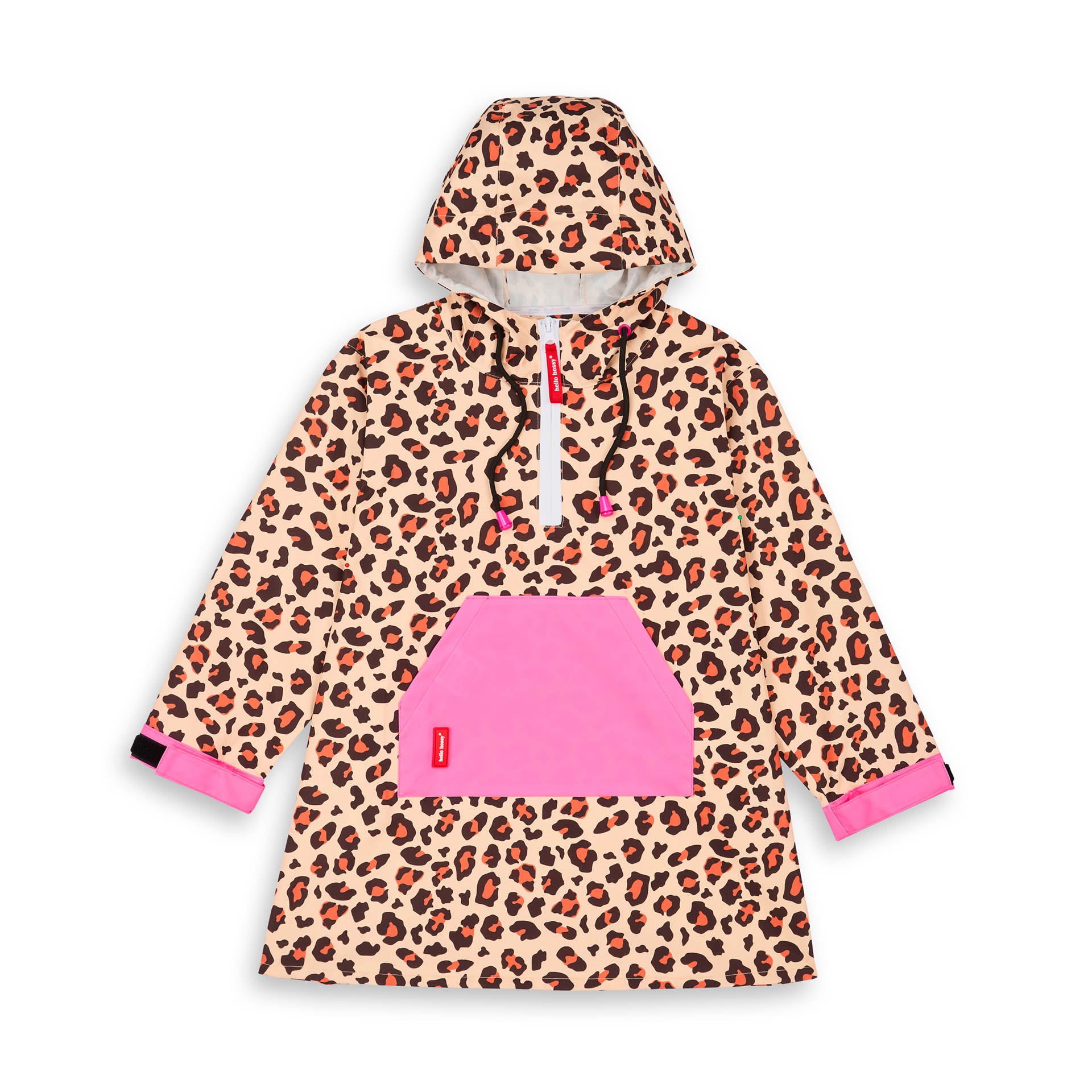 Poncho de Pluie imperméable avec capuche Léopard pour enfant et parent – vue à plat, de face