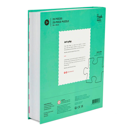 Puzzle pour enfant Hello Hossy au format livre – 25 pièces – dos illustré avec message de marque – vue arrière