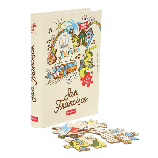 Puzzle pour enfant Hello Hossy au format livre – 16 pièces – dos illustré avec message de marque – vue avant