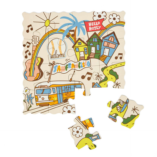 Puzzle pour enfant Hello Hossy "San Francisco" partiellement assemblé – vue à plat – fond blanc