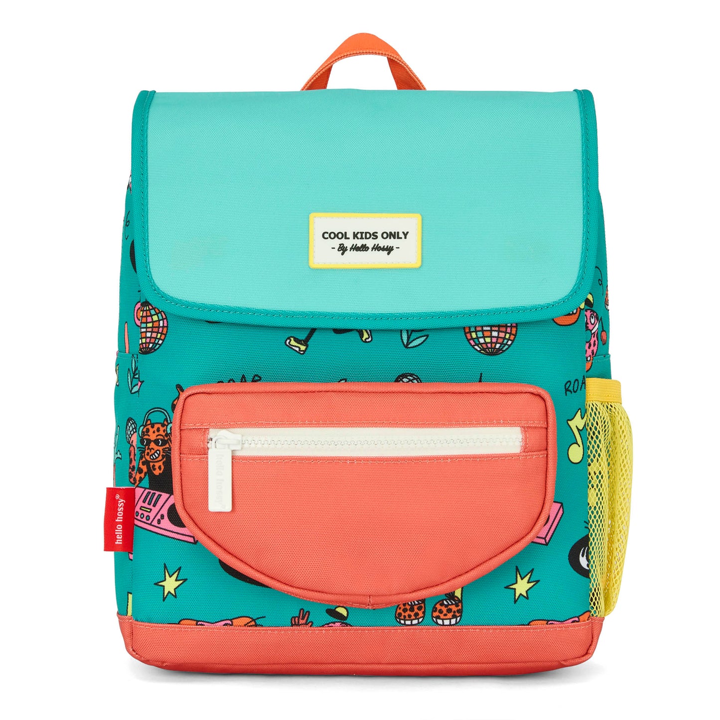 Children's green coral animals patterned backpack with yellow pocket Hello Hossy