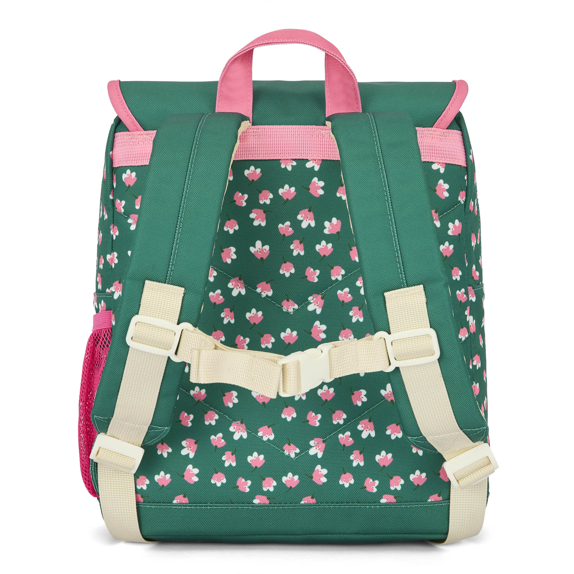 Green patterned children's backpack with pink flowers and adjustable straps Hello Hossy