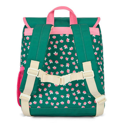 Green patterned children's backpack with pink flowers and adjustable straps Hello Hossy