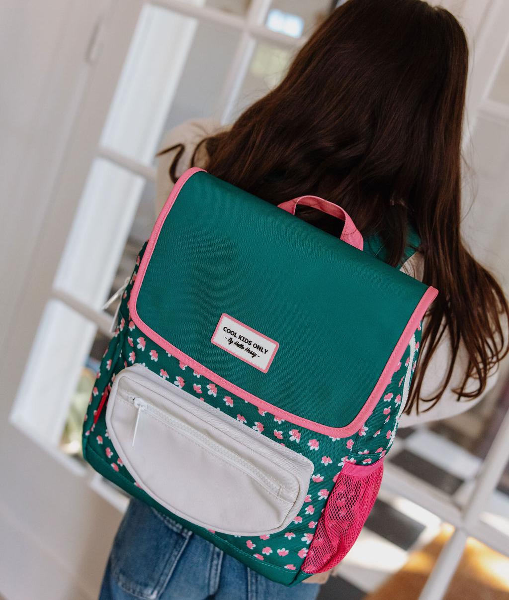 Children's green patterned flowers pink backpack with white Pocket Hello Hossy
