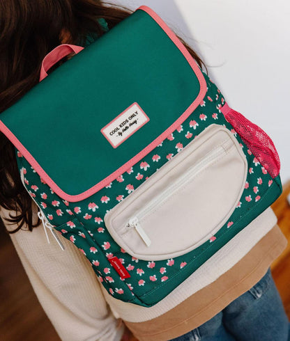 Children's green backpack with pink Flower Pattern and cream Pocket Hello Hossy