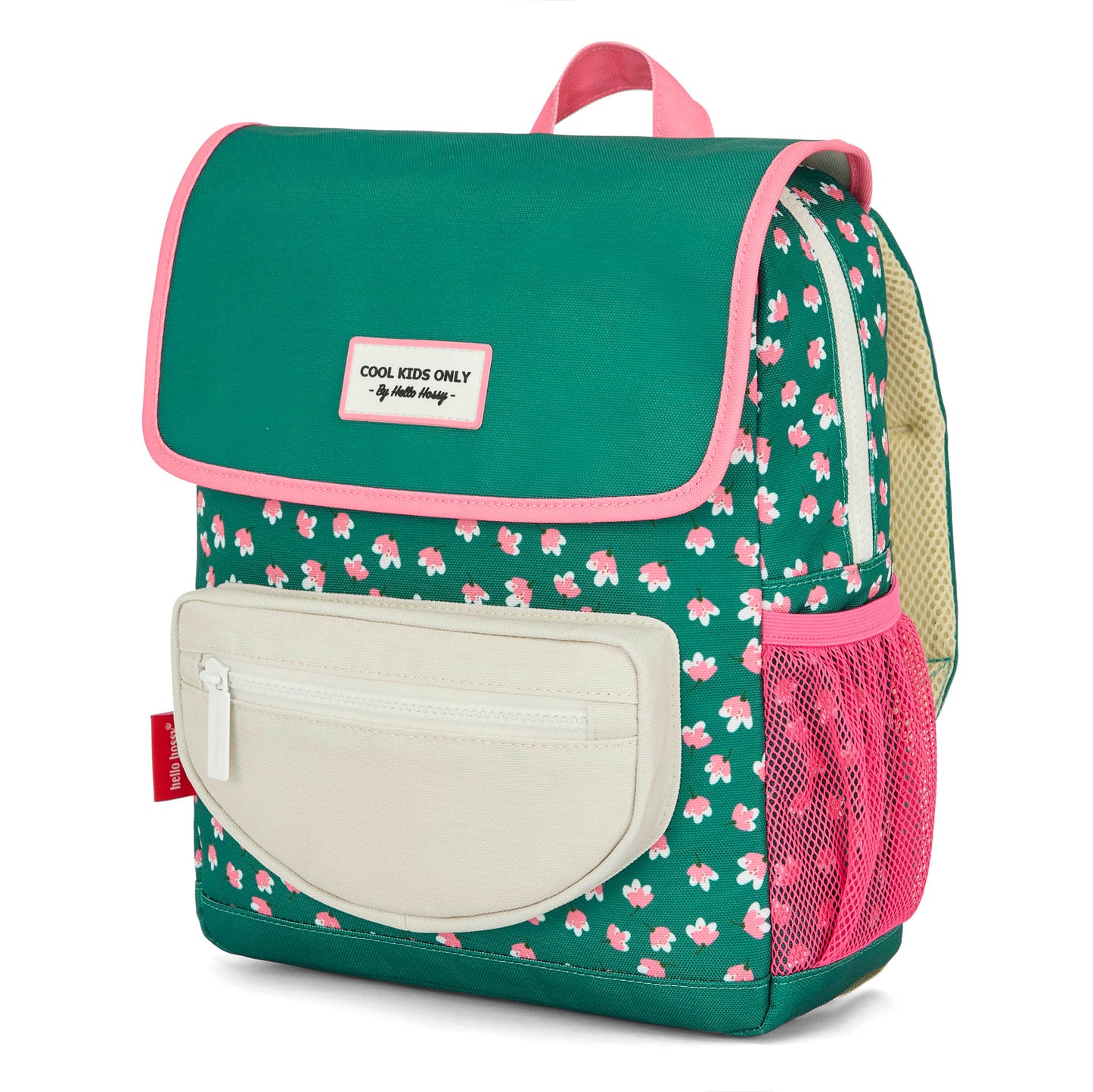Children's green patterned pink flowers backpack white pockets Hello Hossy