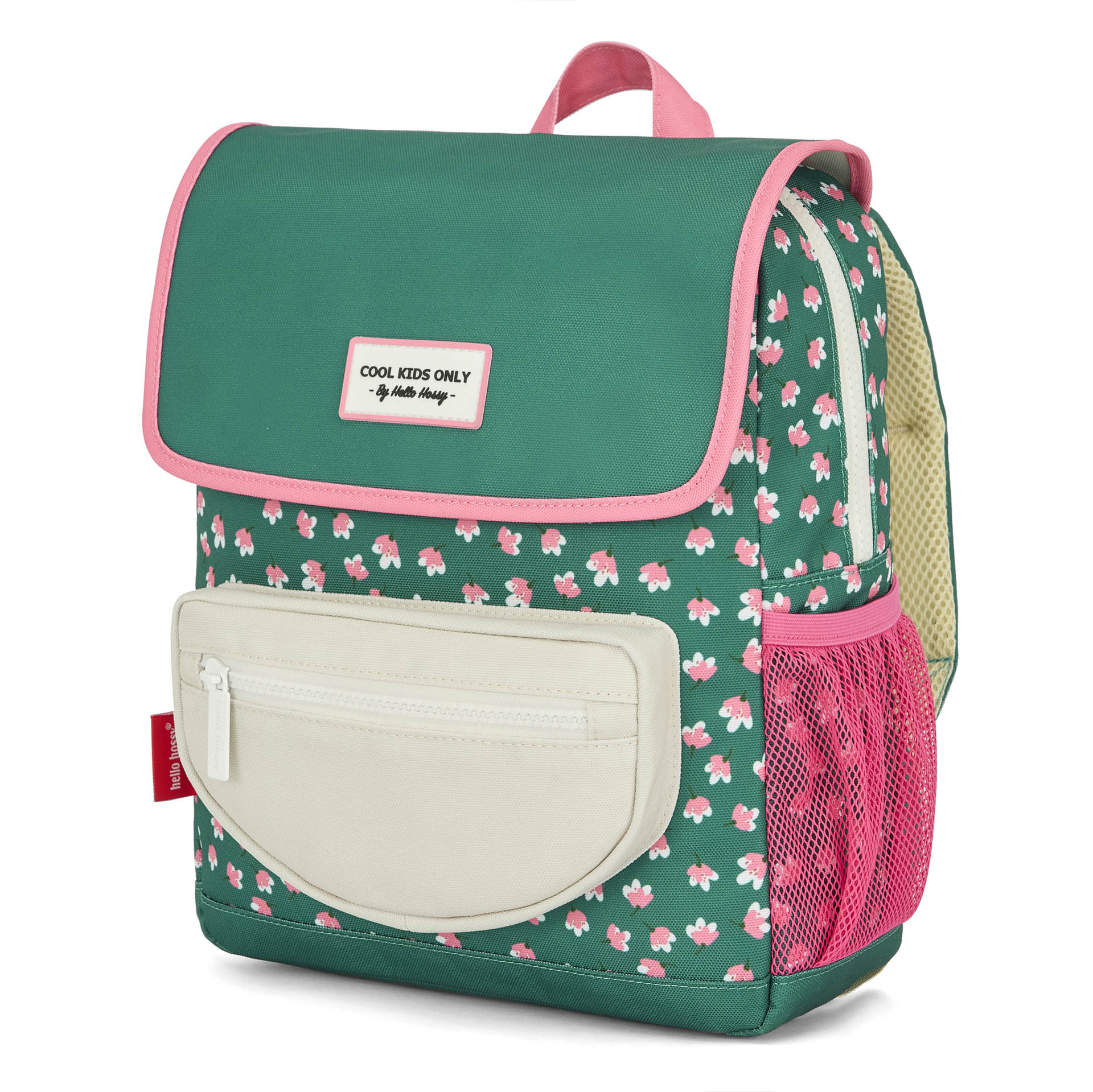 Children's green patterned pink flowers backpack white pockets Hello Hossy