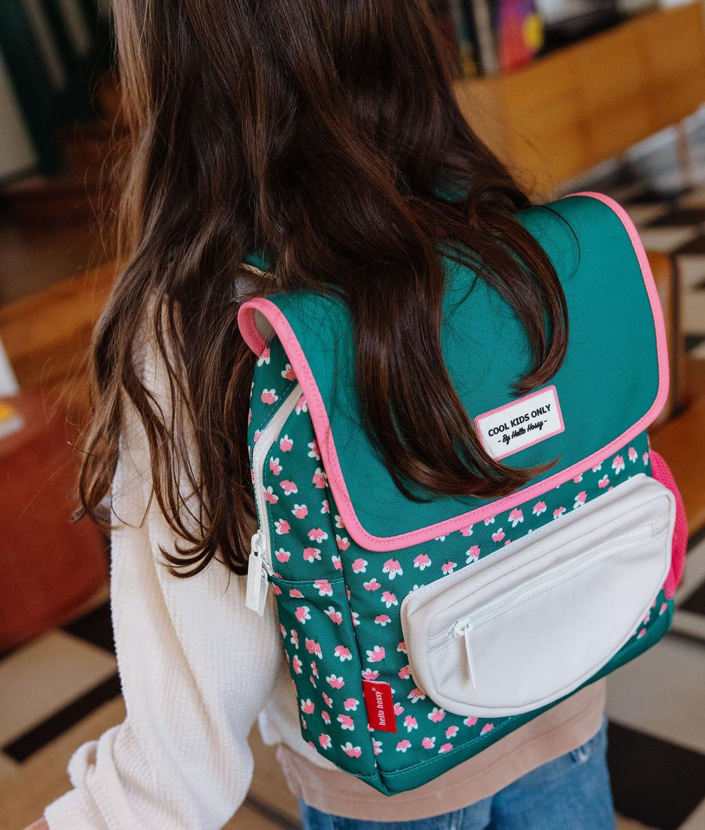 Children's green pink flowers pattern backpack white felt pocket Hello Hossy