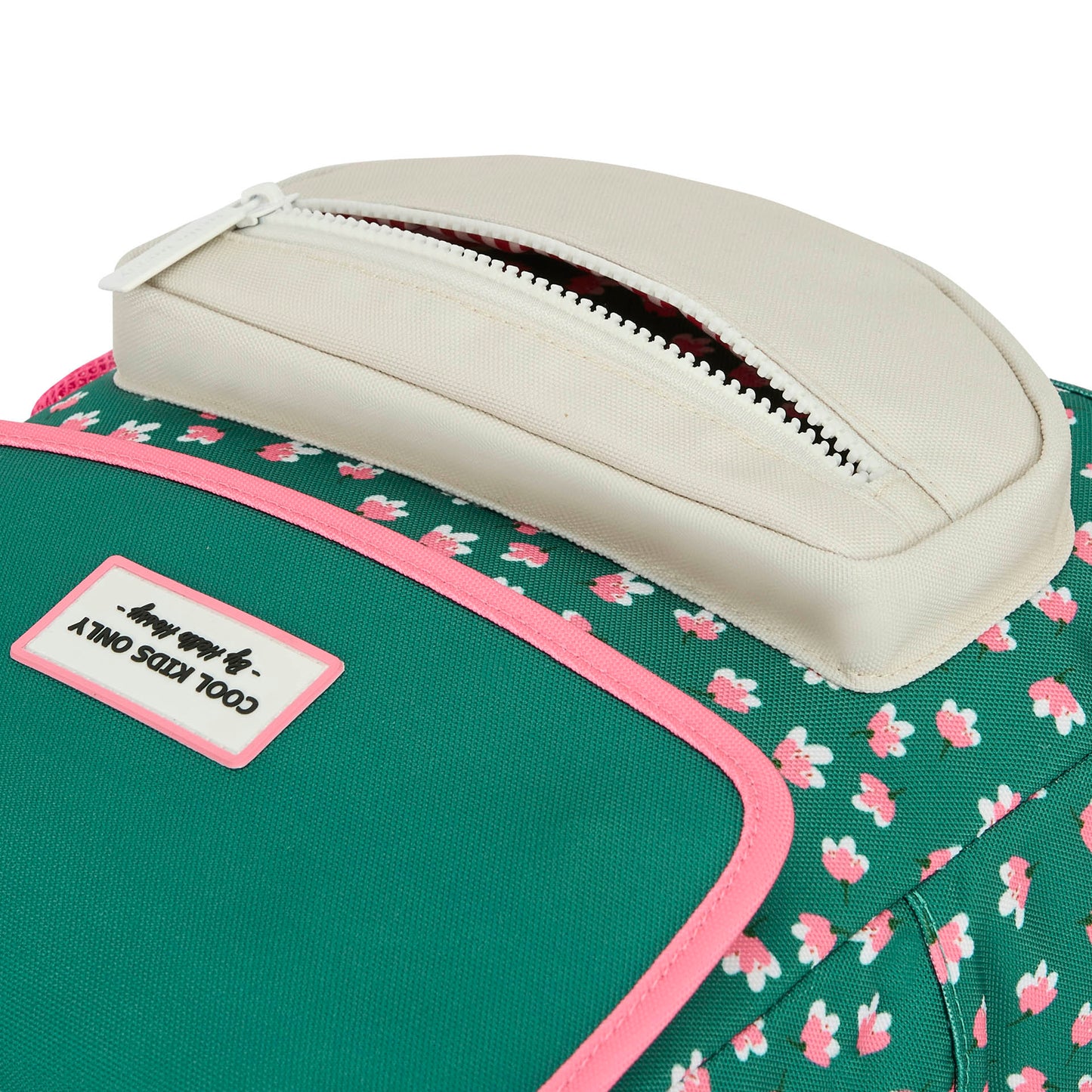 Children's green patterned pink flowers backpack cream felt pocket Hello Hossy