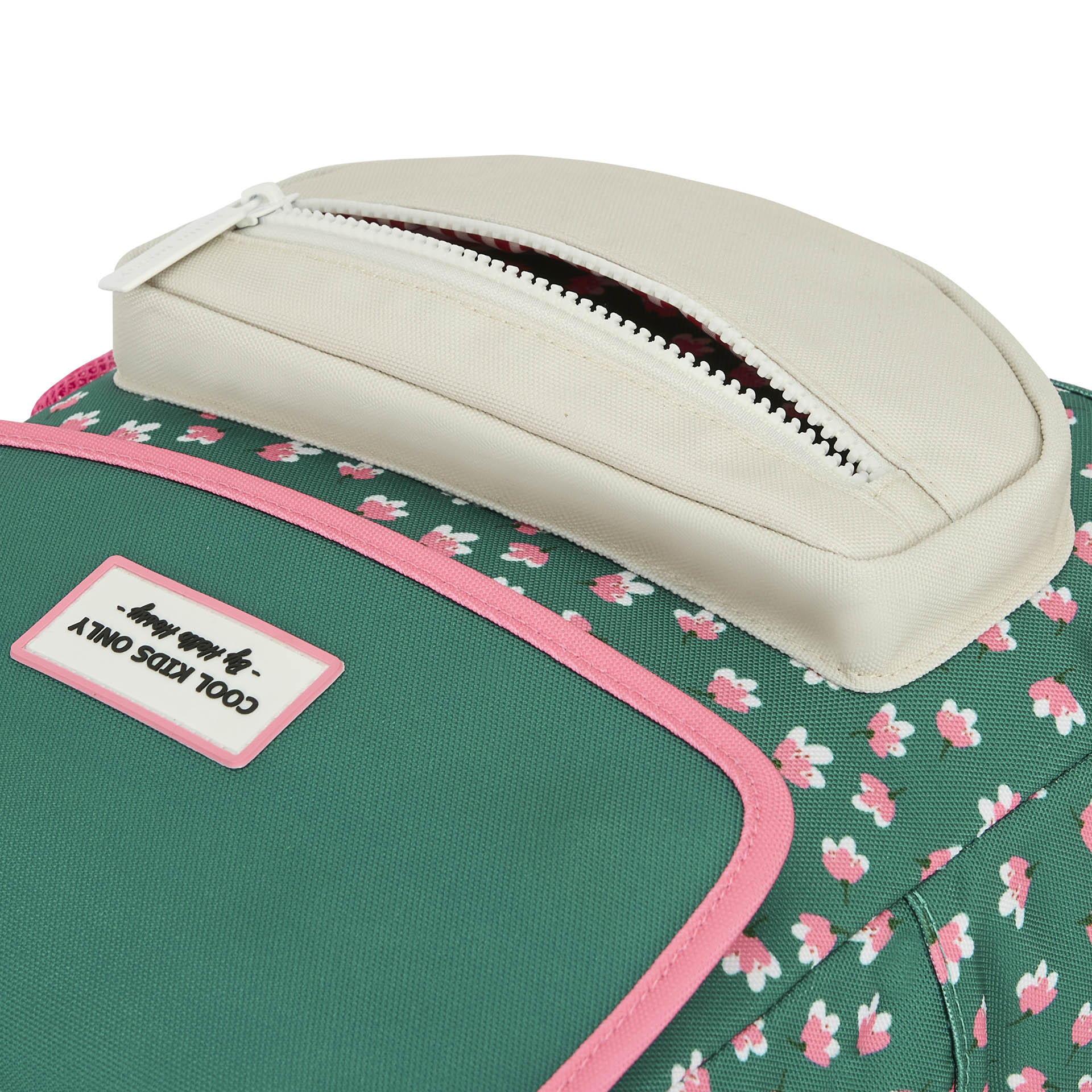 Children's green patterned pink flowers backpack cream felt pocket Hello Hossy