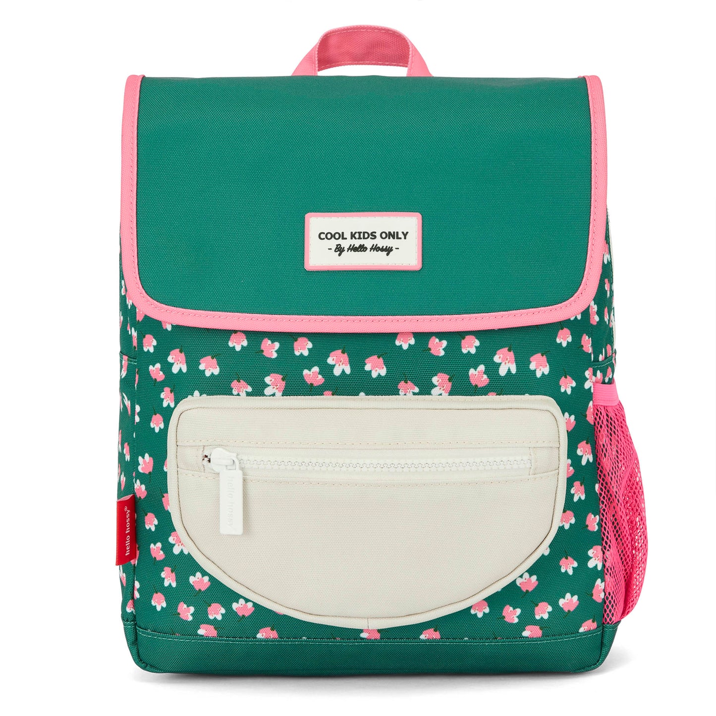 Children's green patterned flowers pink backpack with beige Pocket Hello Hossy