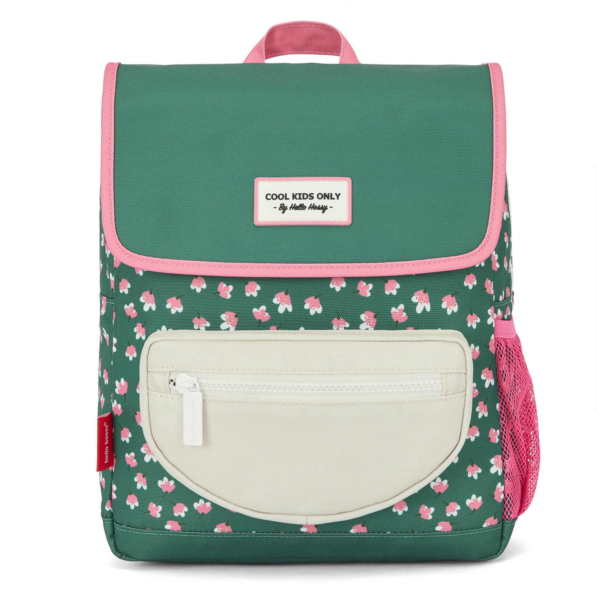 Children's green patterned flowers pink backpack with beige Pocket Hello Hossy