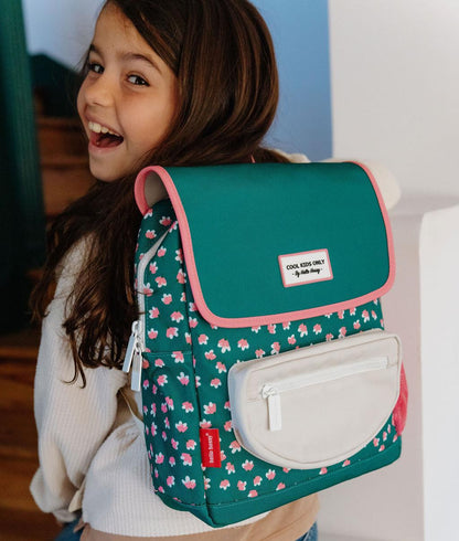 Children's green flowers pink patterned backpack with Front Pocket Hello Hossy