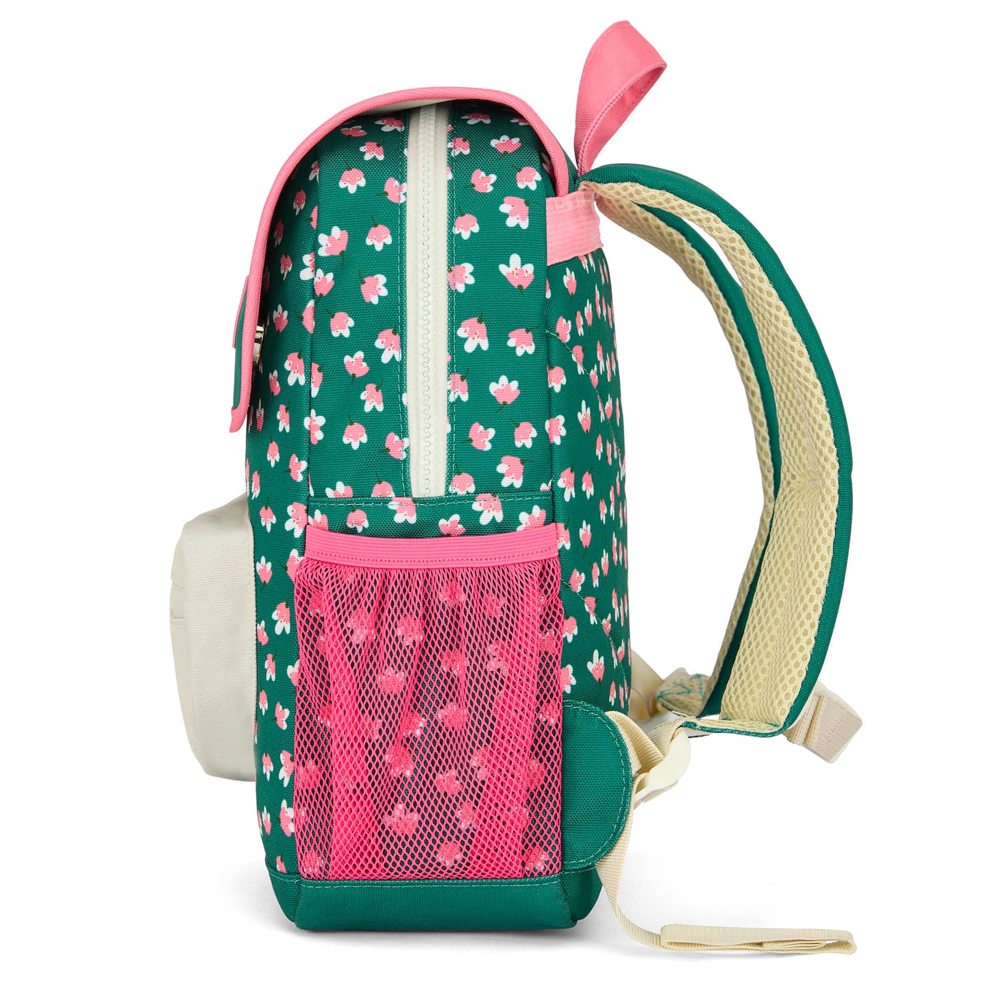 Green children's backpack with pink flowers and mesh pocket Hello Hossy