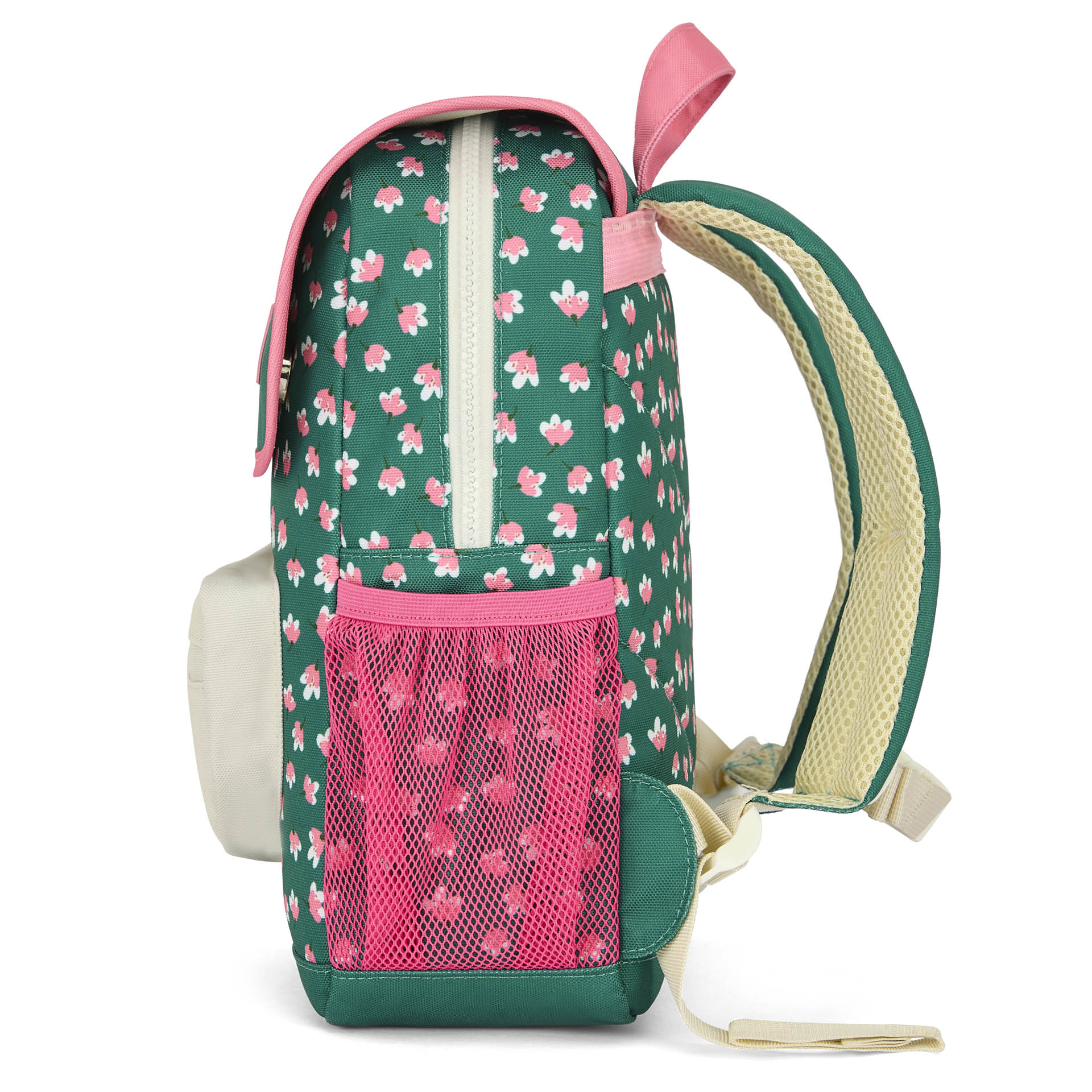 Green children's backpack with pink flowers and mesh pocket Hello Hossy