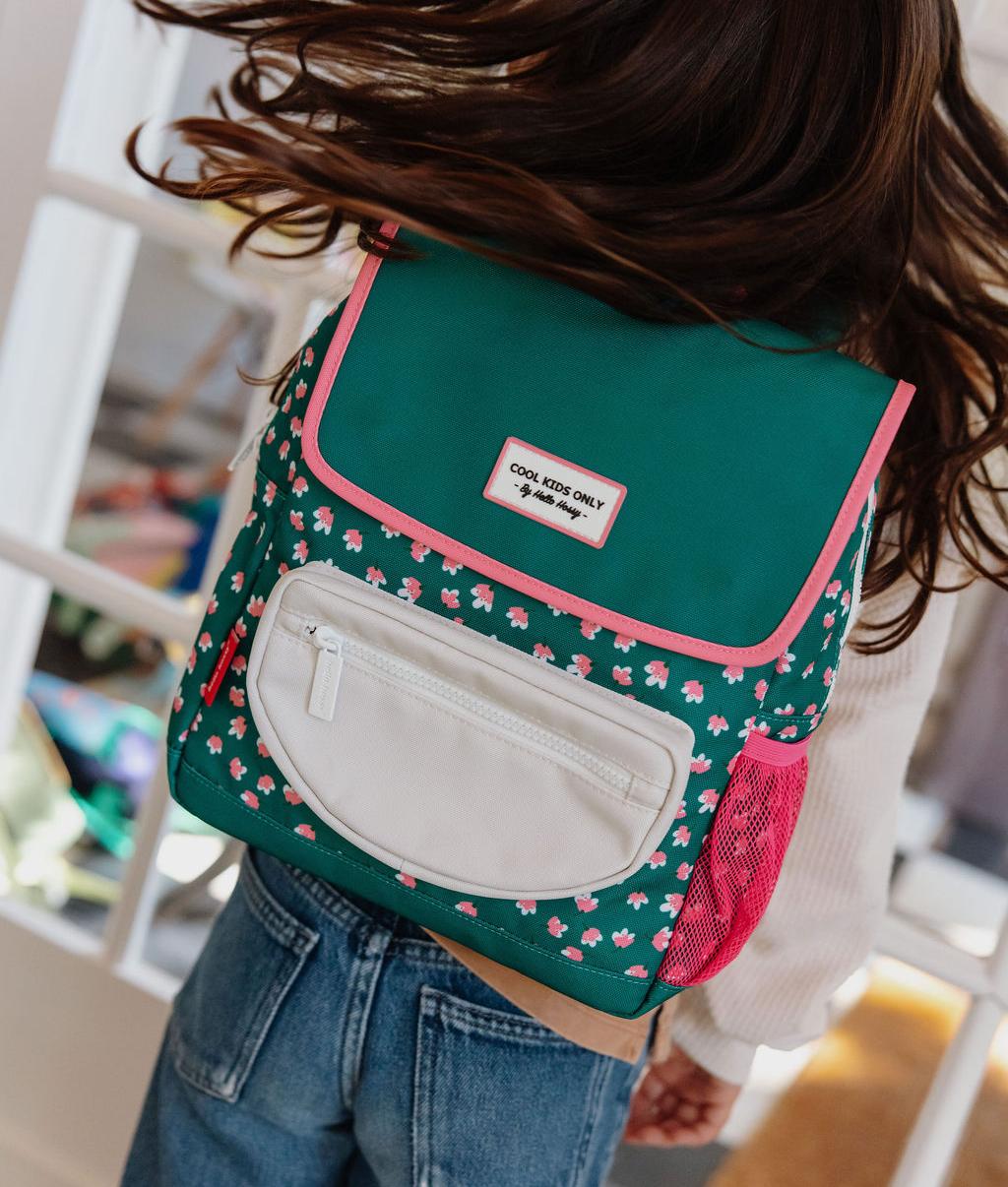 Children's green patterned pink flowers backpack white pocket Hello Hossy