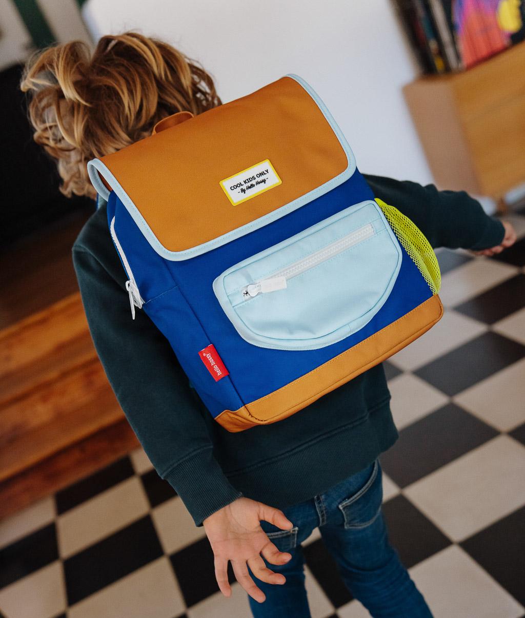 Children's blue brown Backpack light front pocket Hello Hossy