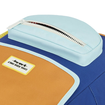 Children's blue Backpack front white zip pocket yellow patch Hello Hossy