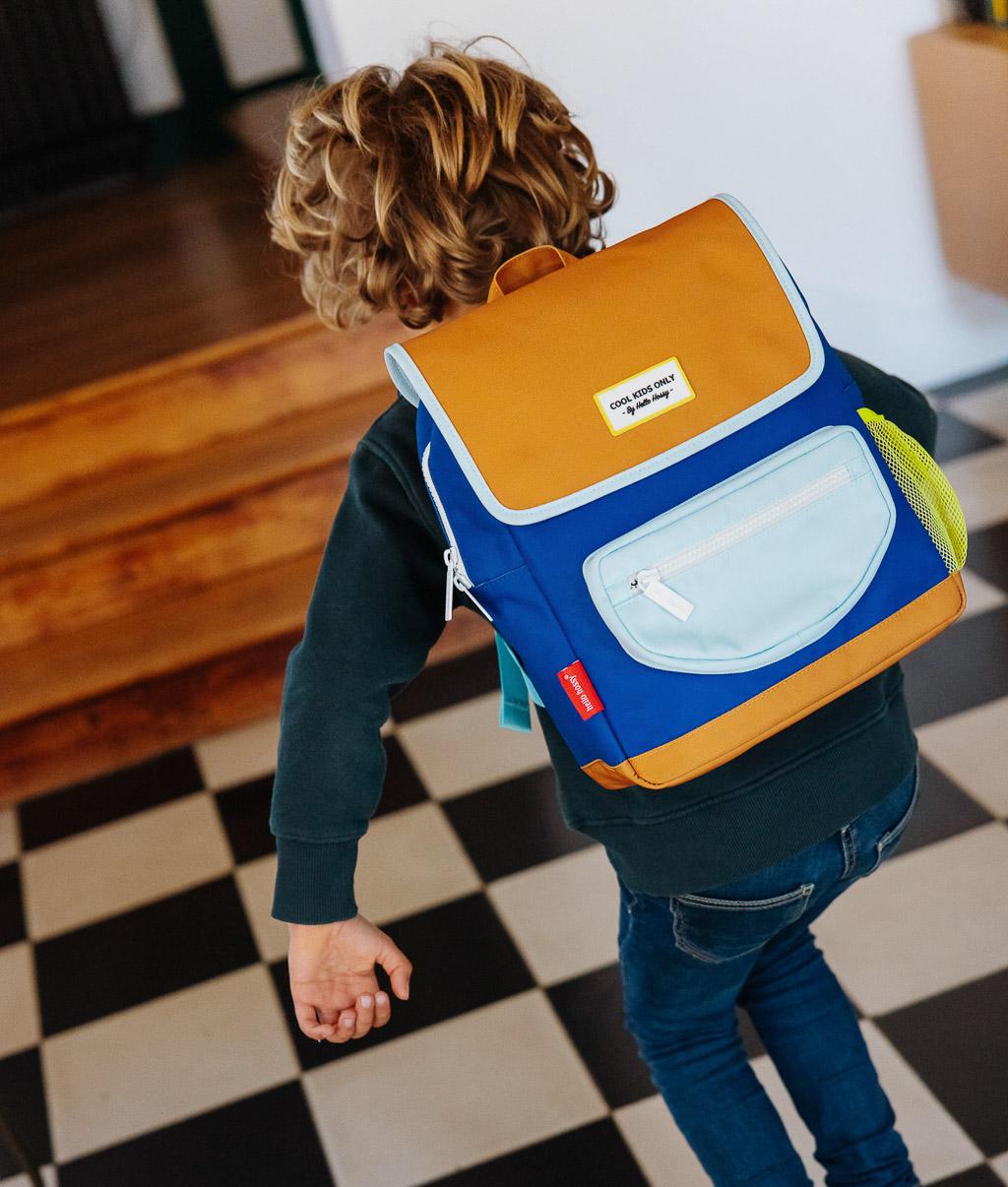 Children's light blue marine Backpack front pocket orange Hello Hossy