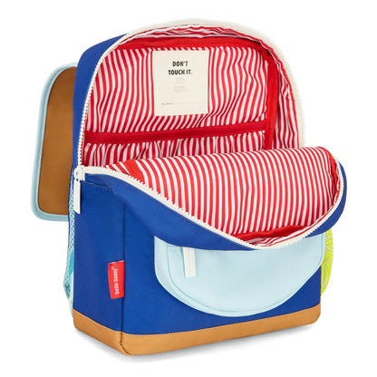 Children's blue Backpack striped red white interior front pocket Hello Hossy