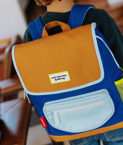 Children's two-toned blue Backpack front zip pocket Hello Hossy