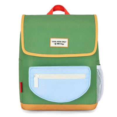 Sac à dos enfant vert poche bleue détail cuir Hello Hossy