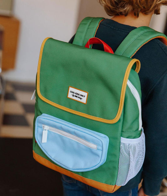 Children's green backpack with blue pocket Hello Hossy