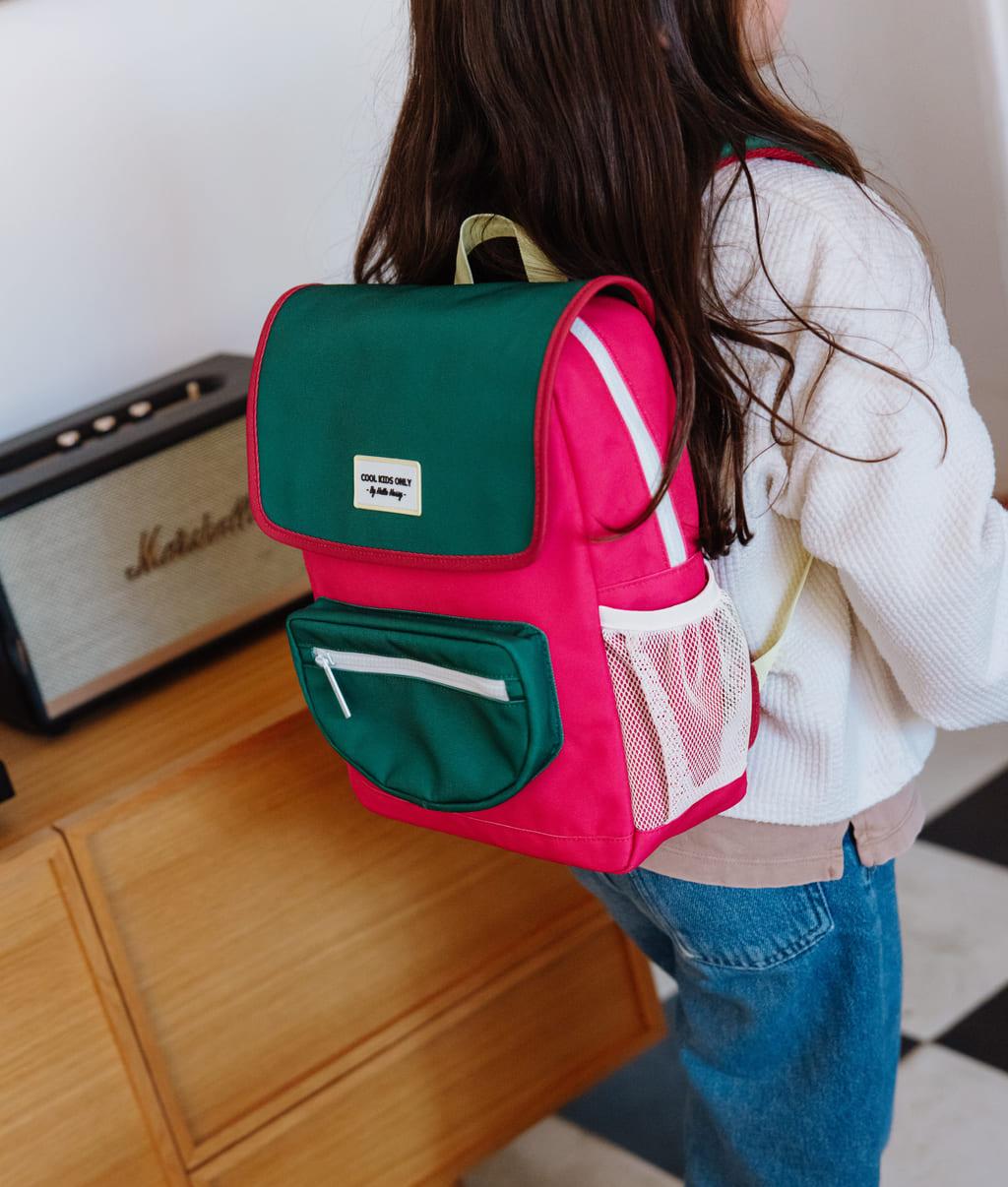 Children's Framboise and green backpack with Zipped Pocket Hello Hossy