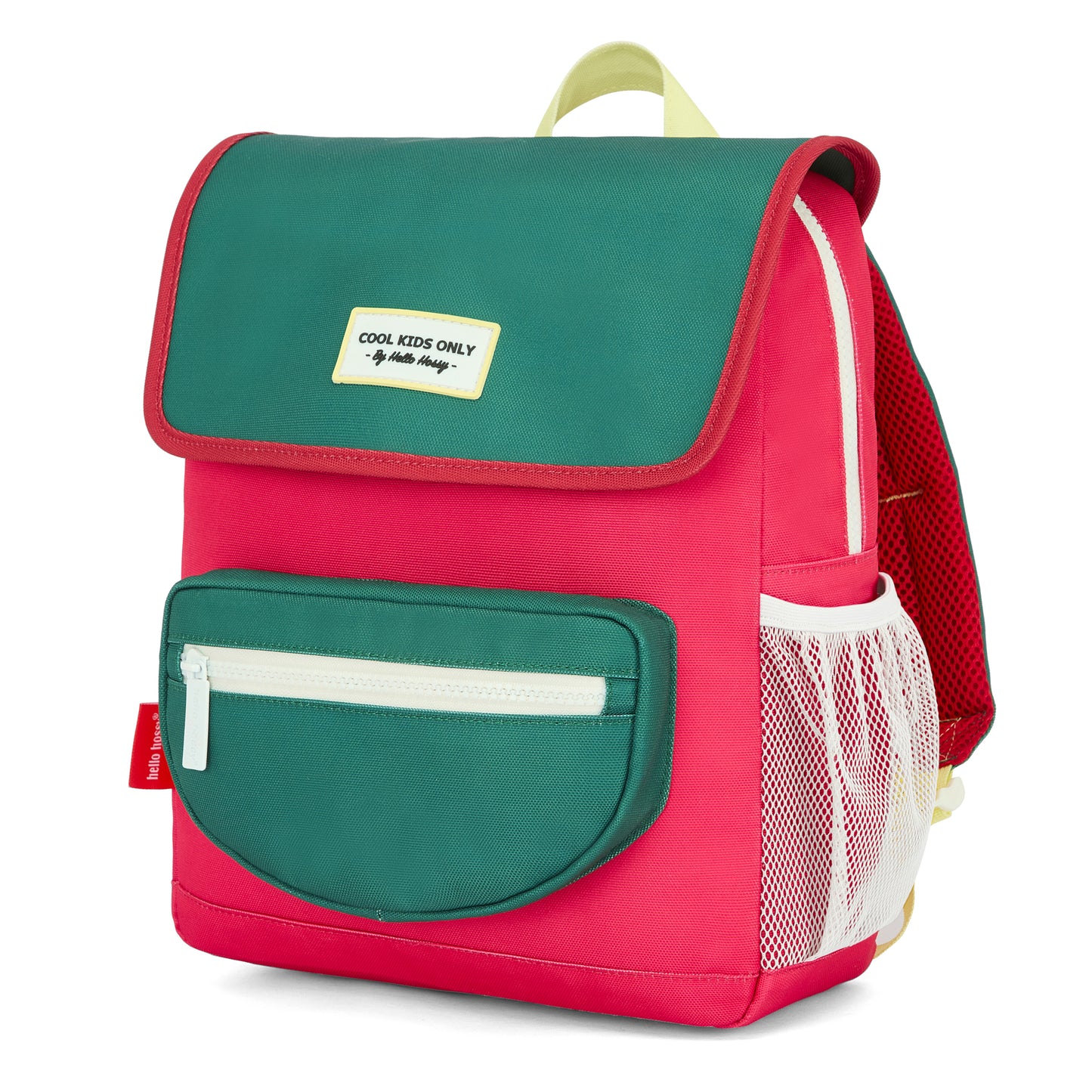 Framboise and green children's backpack with front pocket Hello Hossy