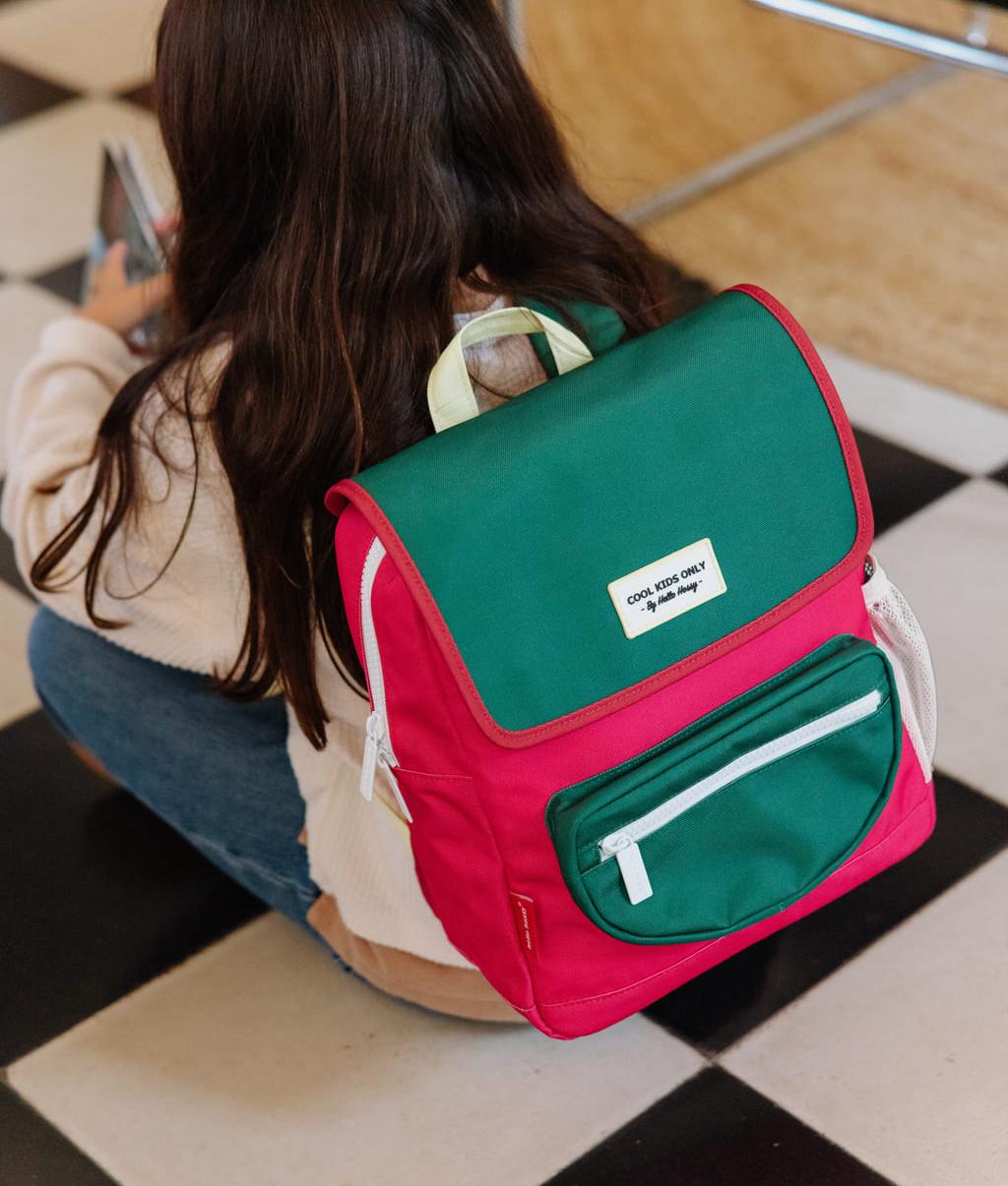 Children's Framboise backpack with green Flap and Zipped Pocket Hello Hossy