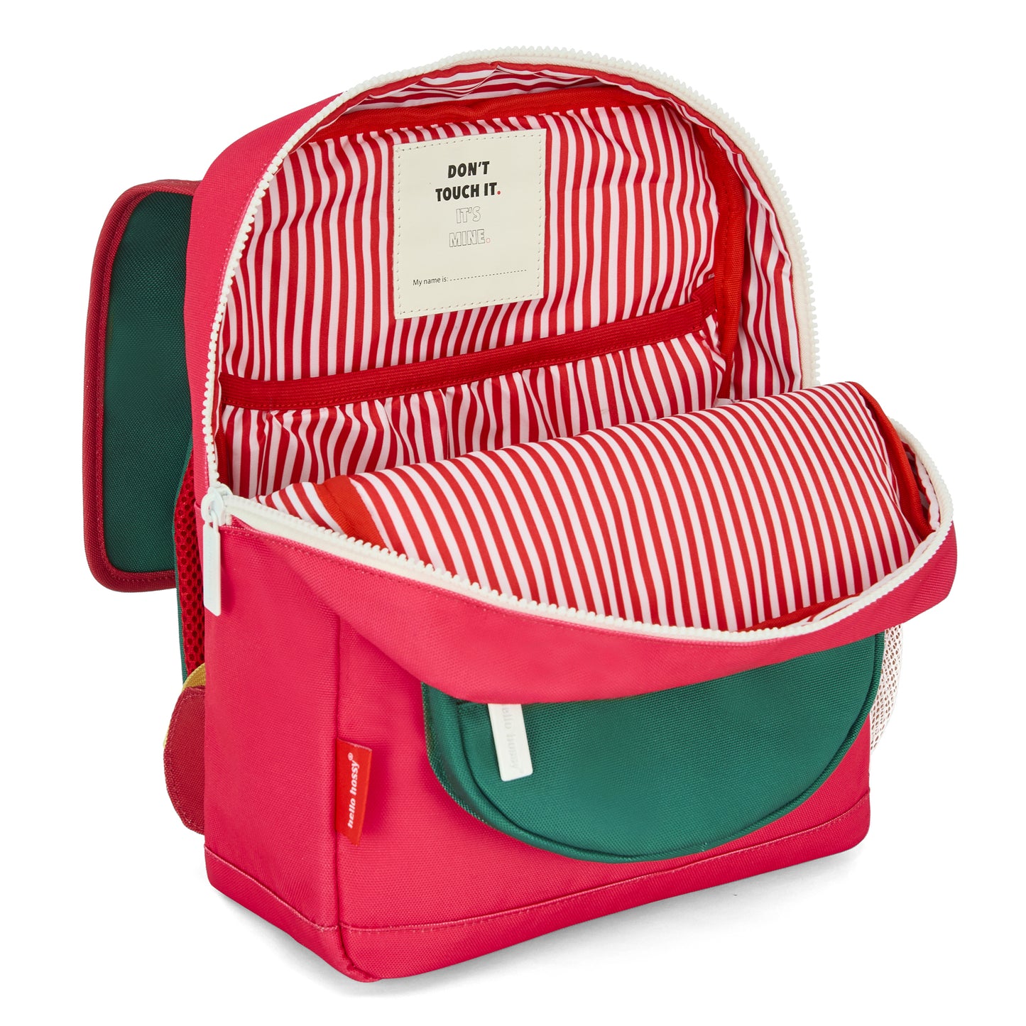 Children's Framboise backpack green pocket striped interior Hello Hossy