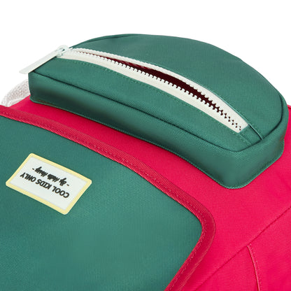 Children's Framboise backpack with green Detail, white Zip and Text Patch Hello Hossy