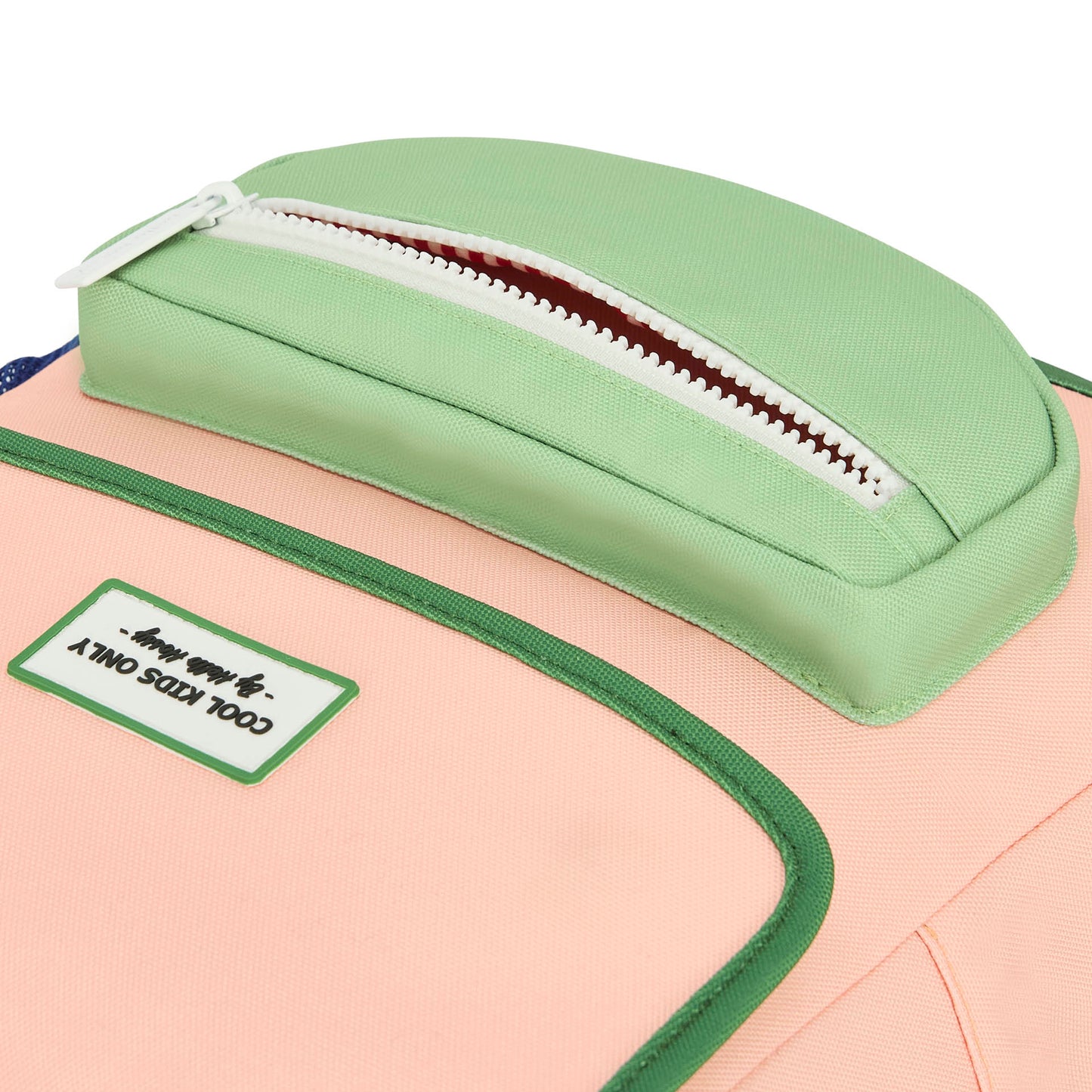 Children's pink and green backpack with front pocket details Hello Hossy