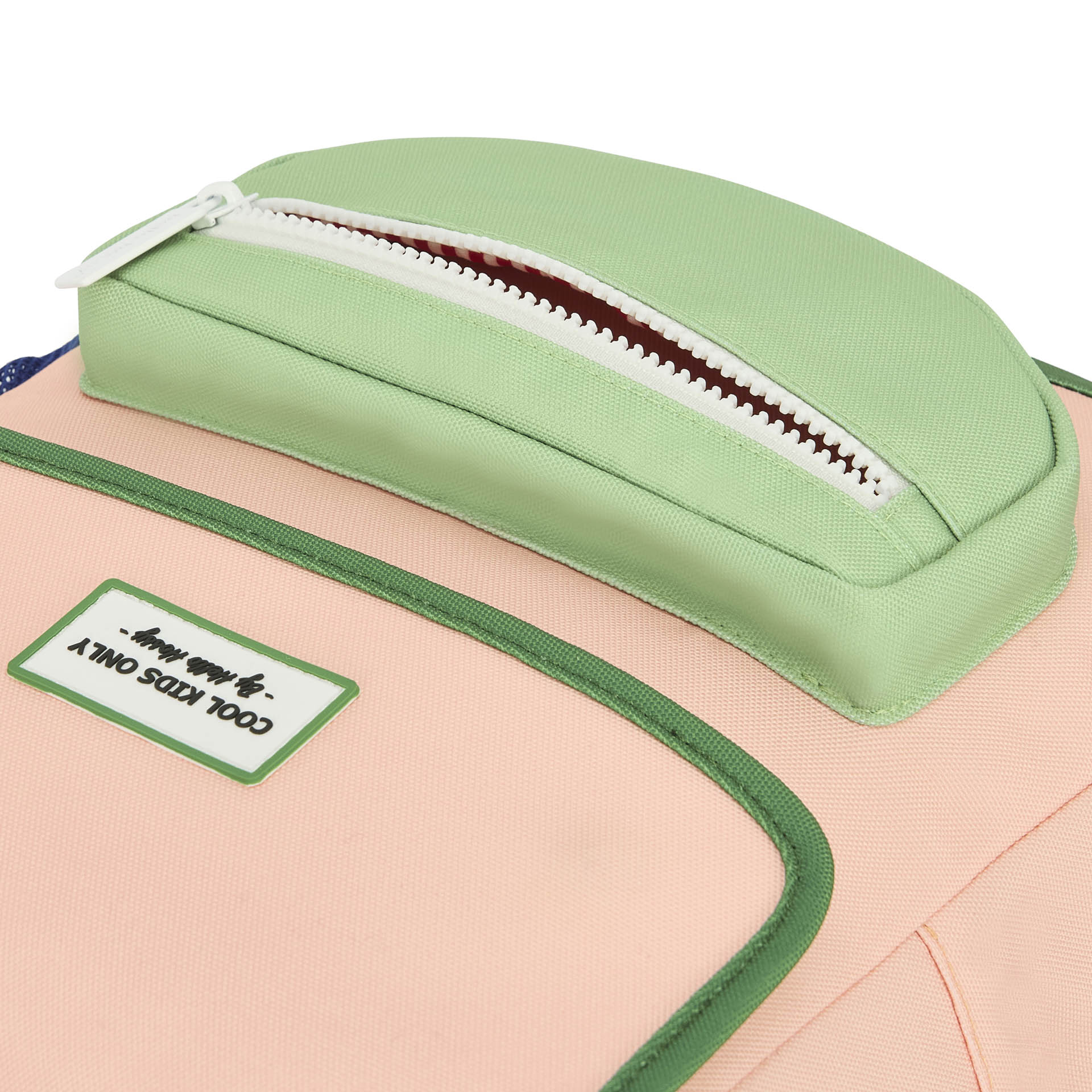 Children's pink and green backpack with front pocket details Hello Hossy