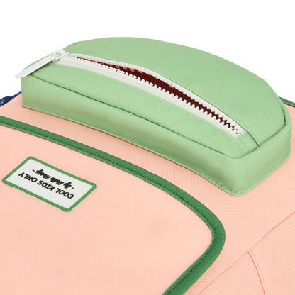 Children's pink and green backpack with front pocket details Hello Hossy