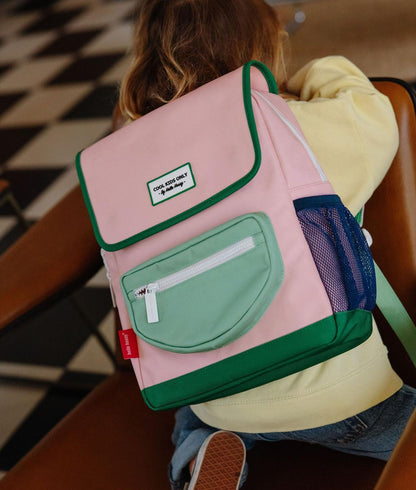 Children's pink backpack with green zip pocket Hello Hossy