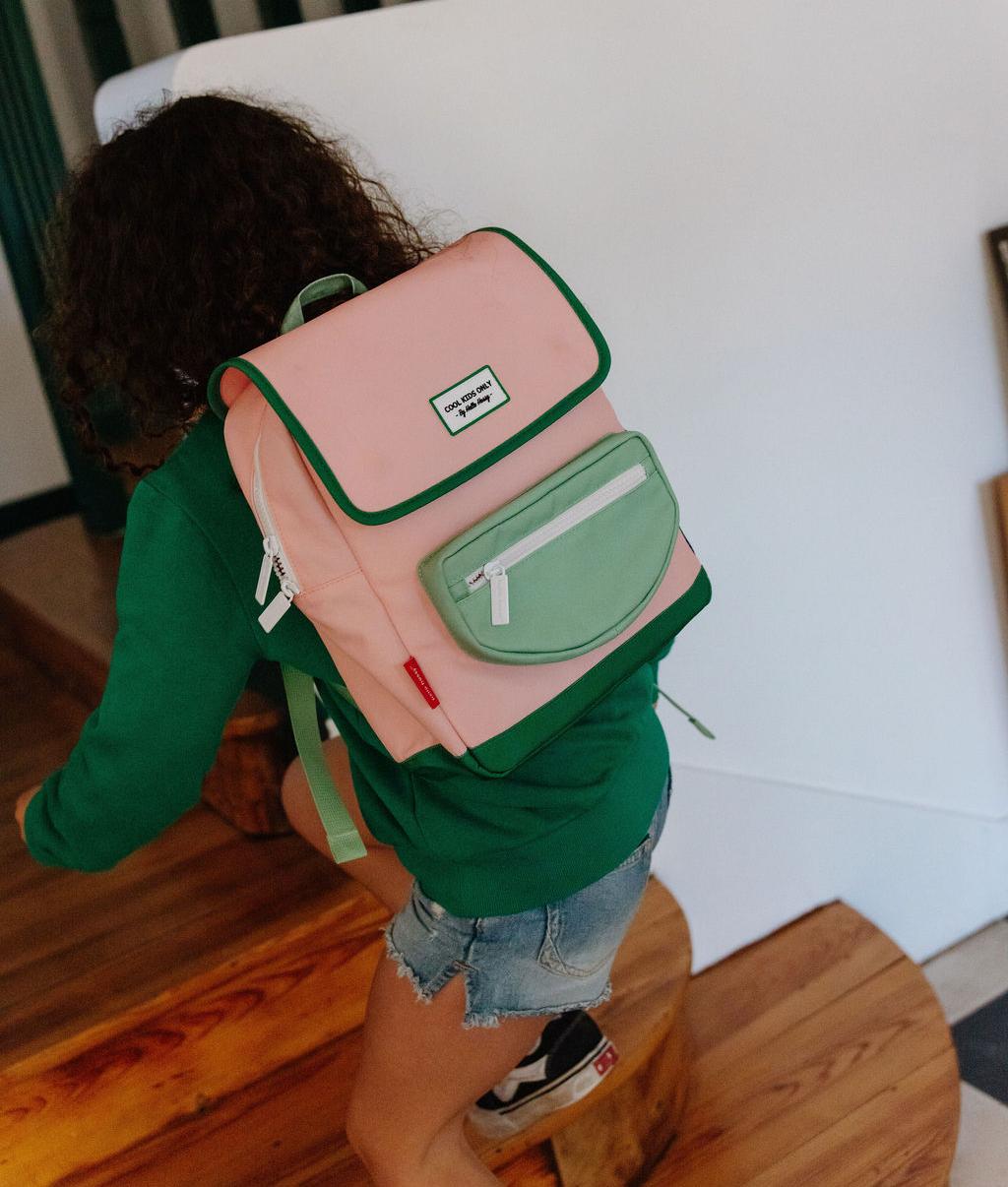 Children's pink backpack with green pocket Hello Hossy