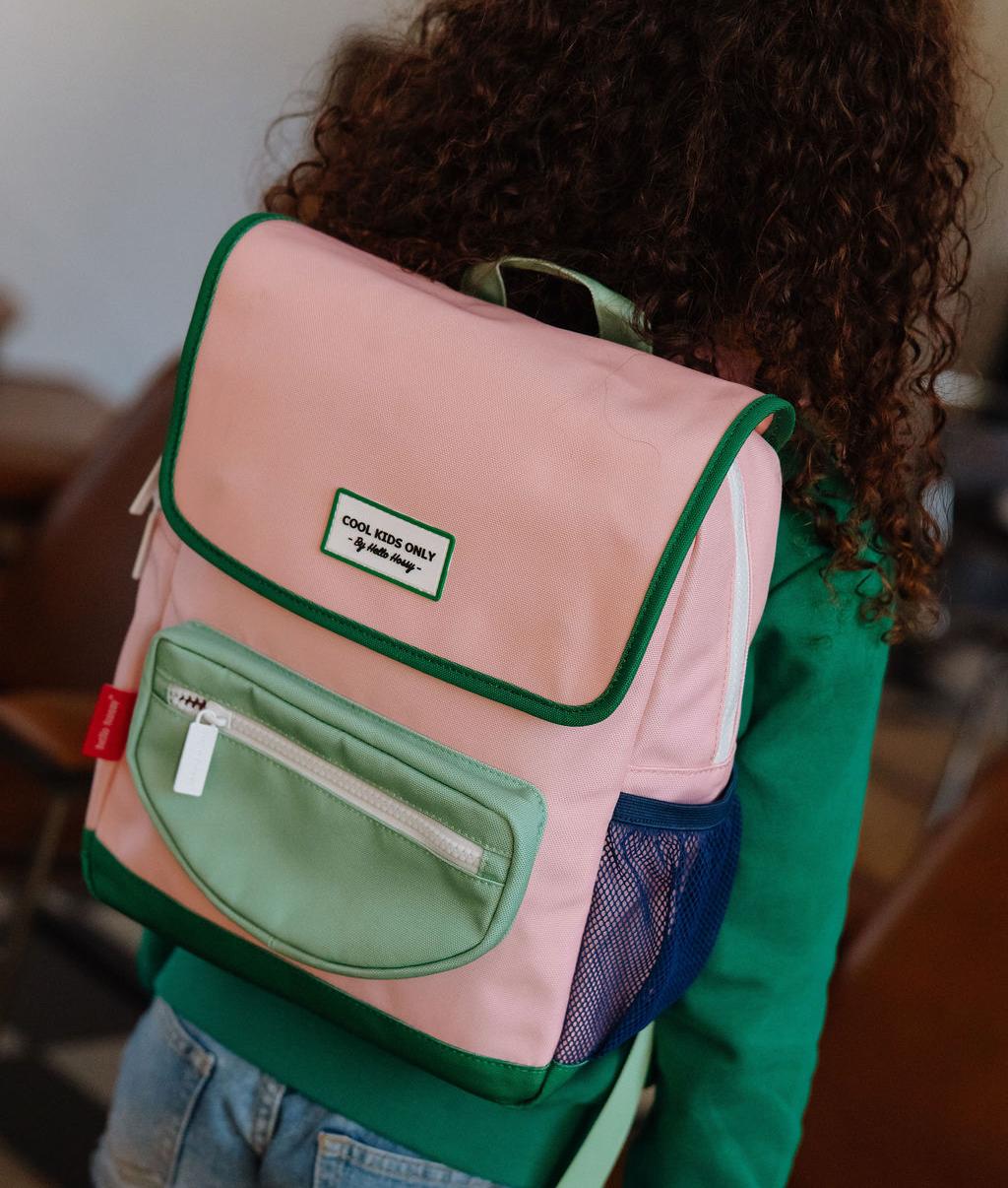 Children's pink backpack with green border and front pocket Hello Hossy