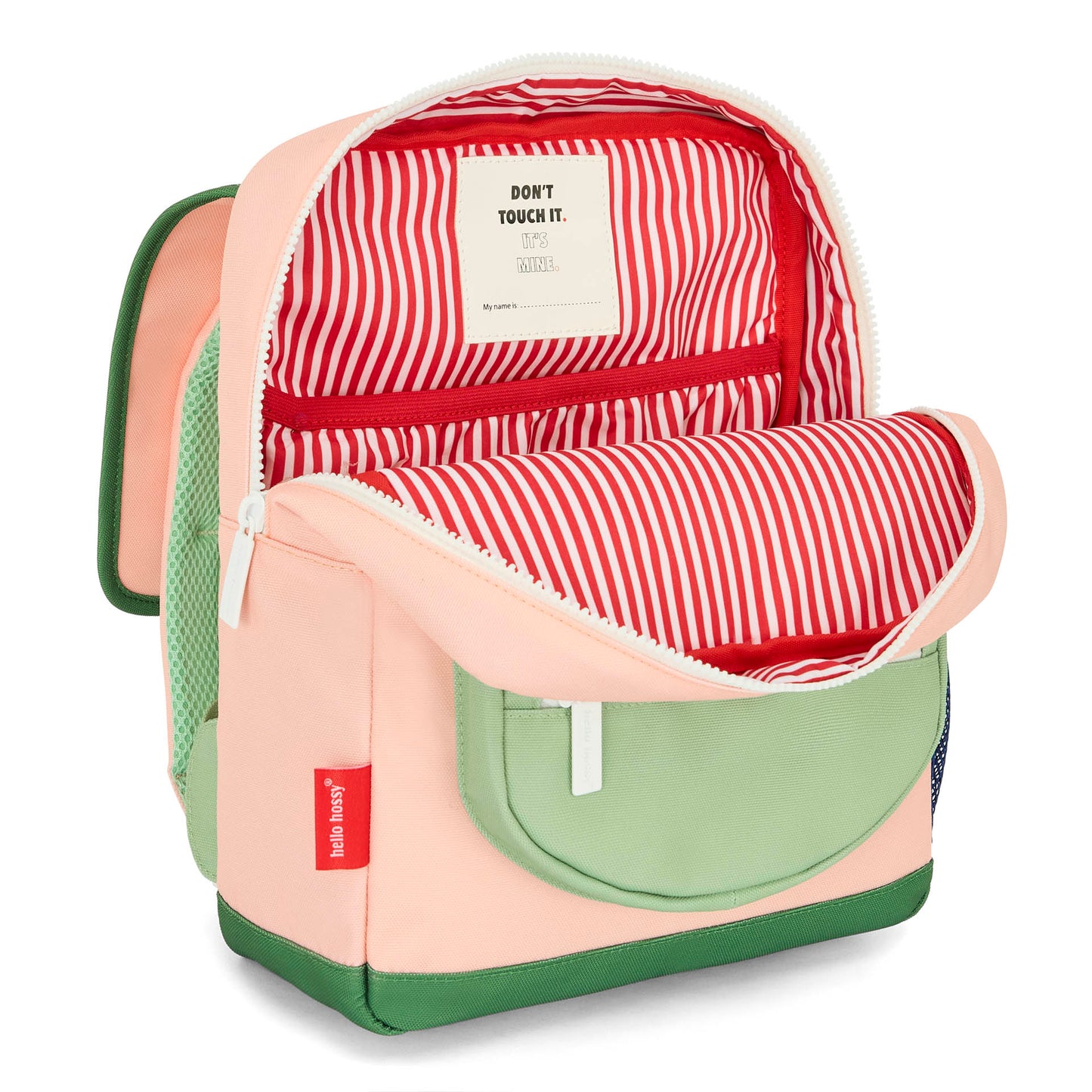 Children's pink and green backpack with striped interior Hello Hossy