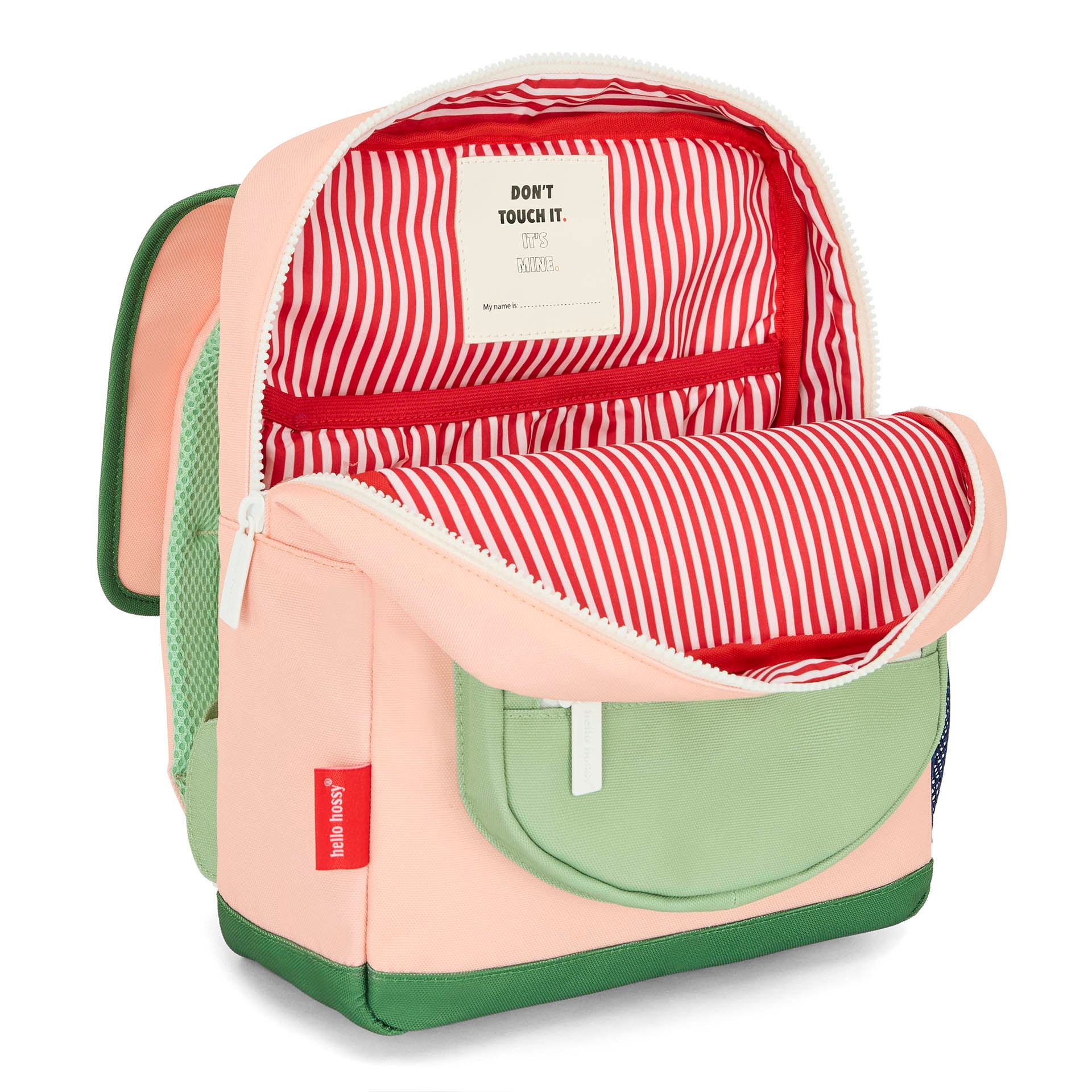 Children's pink and green backpack with striped interior Hello Hossy