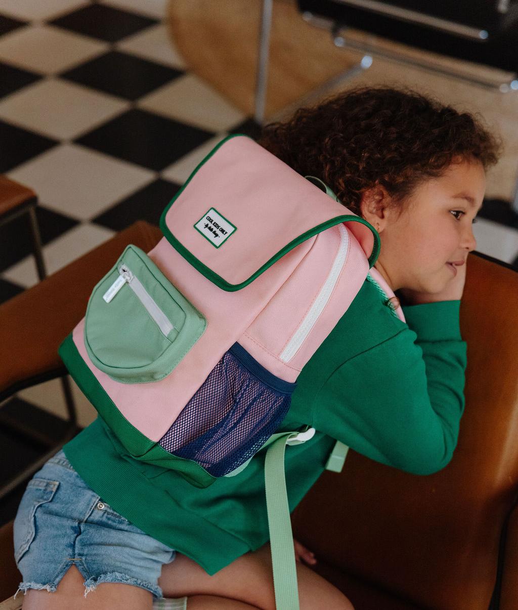 Children's pink backpack with green details and mesh pocket Hello Hossy