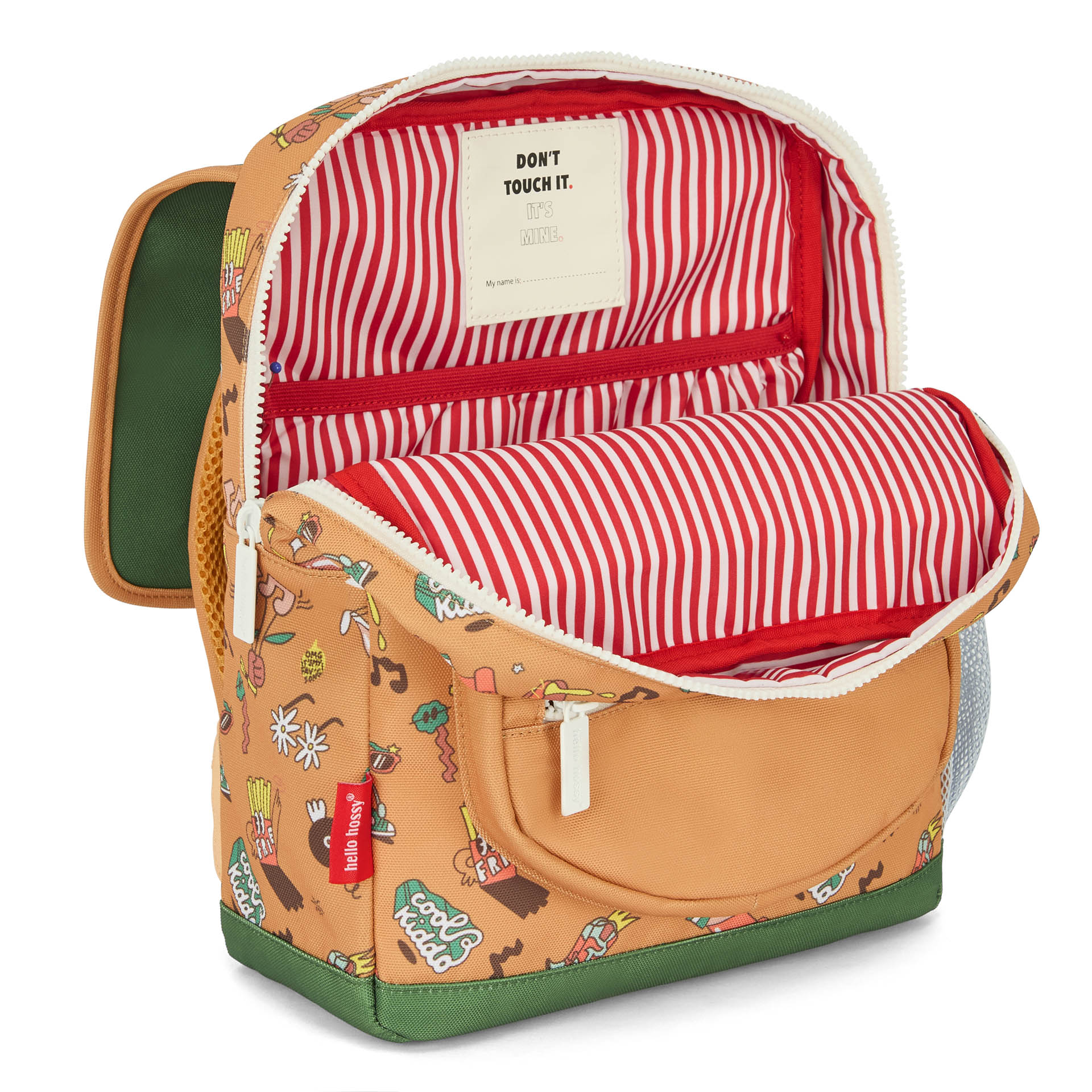 Brown patterned music children's backpack striped interior Hello Hossy