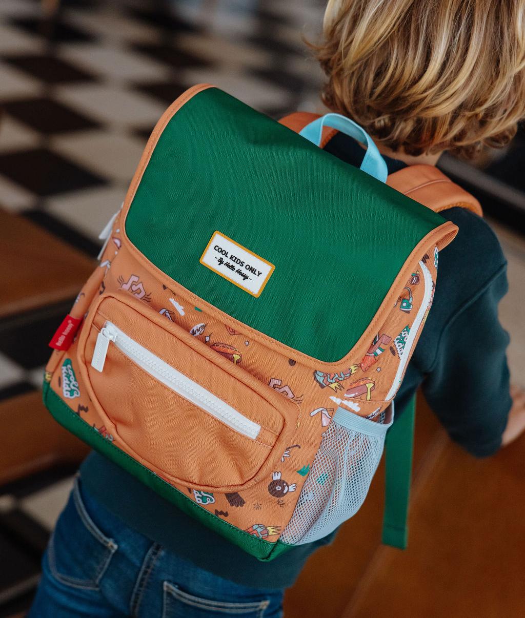 Brown green music print children's backpack Hello Hossy