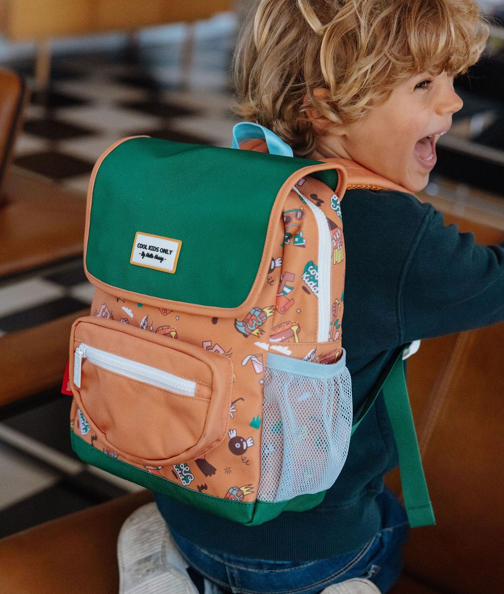 Brown patterned music children's backpack with green flap Hello Hossy