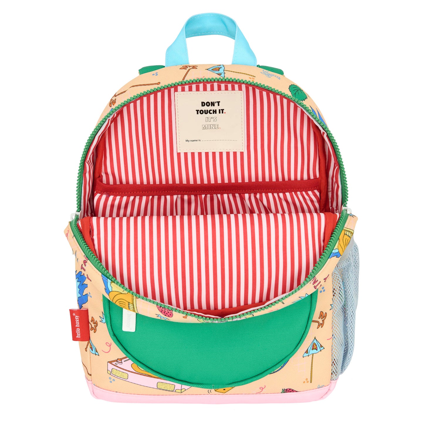 Sac à dos enfant beige vert imprimé food poche avant Hello Hossy