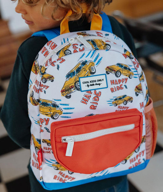 Children's white orange car pattern backpack Hello Hossy