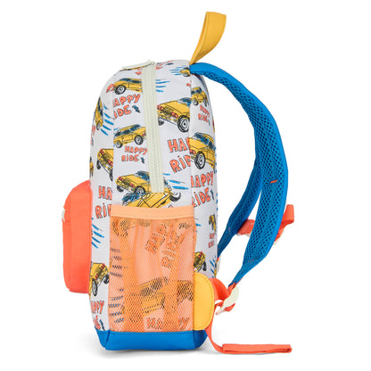 Sac à dos enfant blanc orange motif voiture filet latéral Hello Hossy